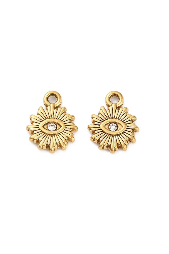 20pc 304 Stainless Steel Crystal Rhinestone Pendant Ion Plating(IP) Evil Eye Charms Real 18K Gold Plated 12x9.5x2mm Hole: 1.4mm