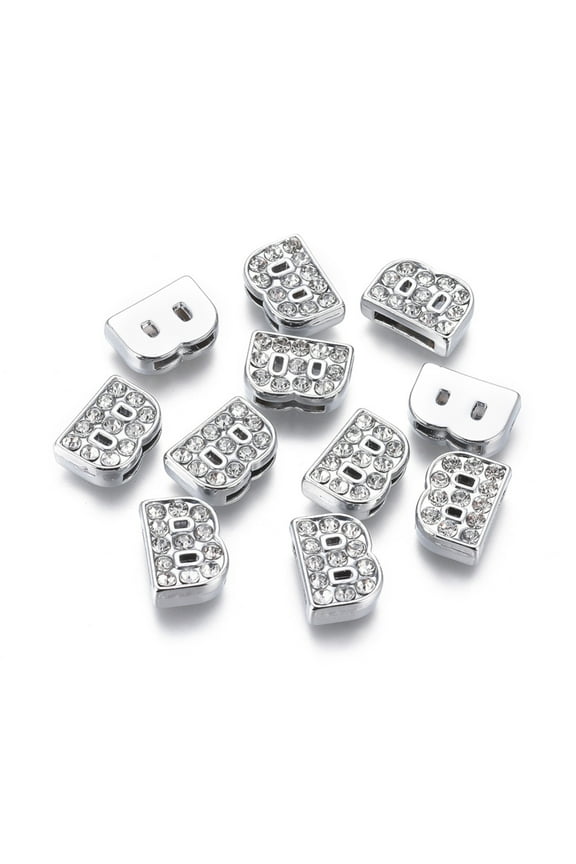 20pc Alloy Initial Slide Charms with Grade A Rhinestones for Personalized Name Necklaces Making Lead Free & Nickel Free Platinum Letter.B 12~13x8~13x4~5mm Hole: 8x2mm