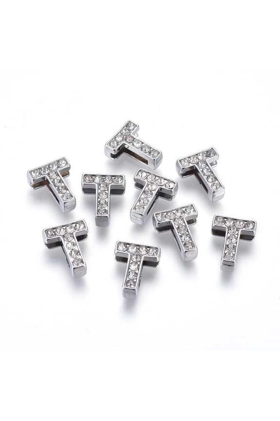 20pc Alloy Initial Slide Charms with Grade A Rhinestones for Personalized Name Necklaces Making Lead Free & Nickel Free Platinum Letter.T 12~13x8~13x4~5mm Hole: 8x2mm