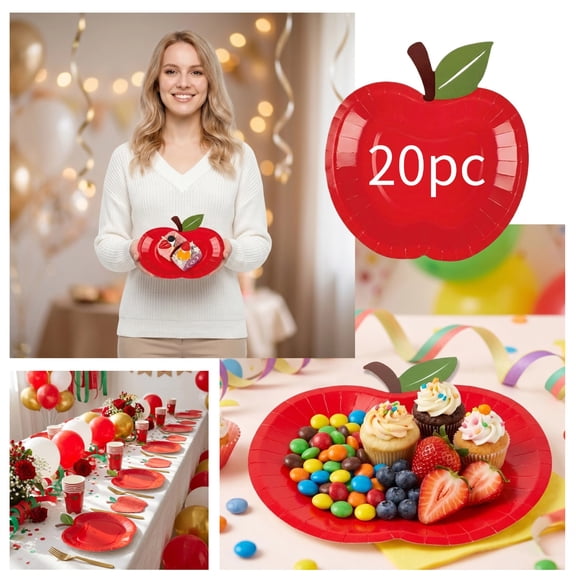 20pc Back to School Red Apple Paper Plates Disposable Tableware,7'' Fruit‑Shaped Dessert Plates for Back‑to‑School Activities,Fall Harvest,Classroom & Themed Birthday Party Decor