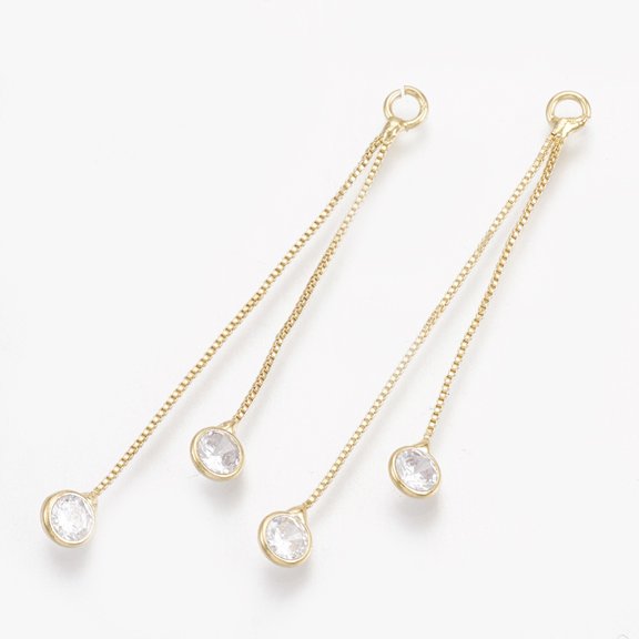 20pc Brass Box Chain Tassel Pendants with Cubic Zirconia Clear Real 18K Gold Plated 47mm Hole: 1.5mm