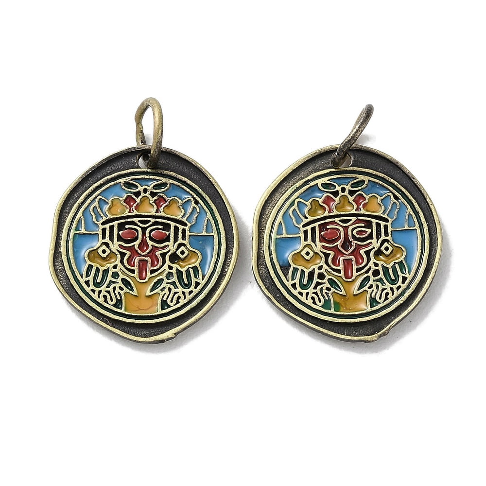 20pc Brass Enamel Pendants with Jump Ring Cadmium Free & Lead Free Flat Round with Zakiram Charm Bronze 17x15.5x1.5mm Hole: 4mm