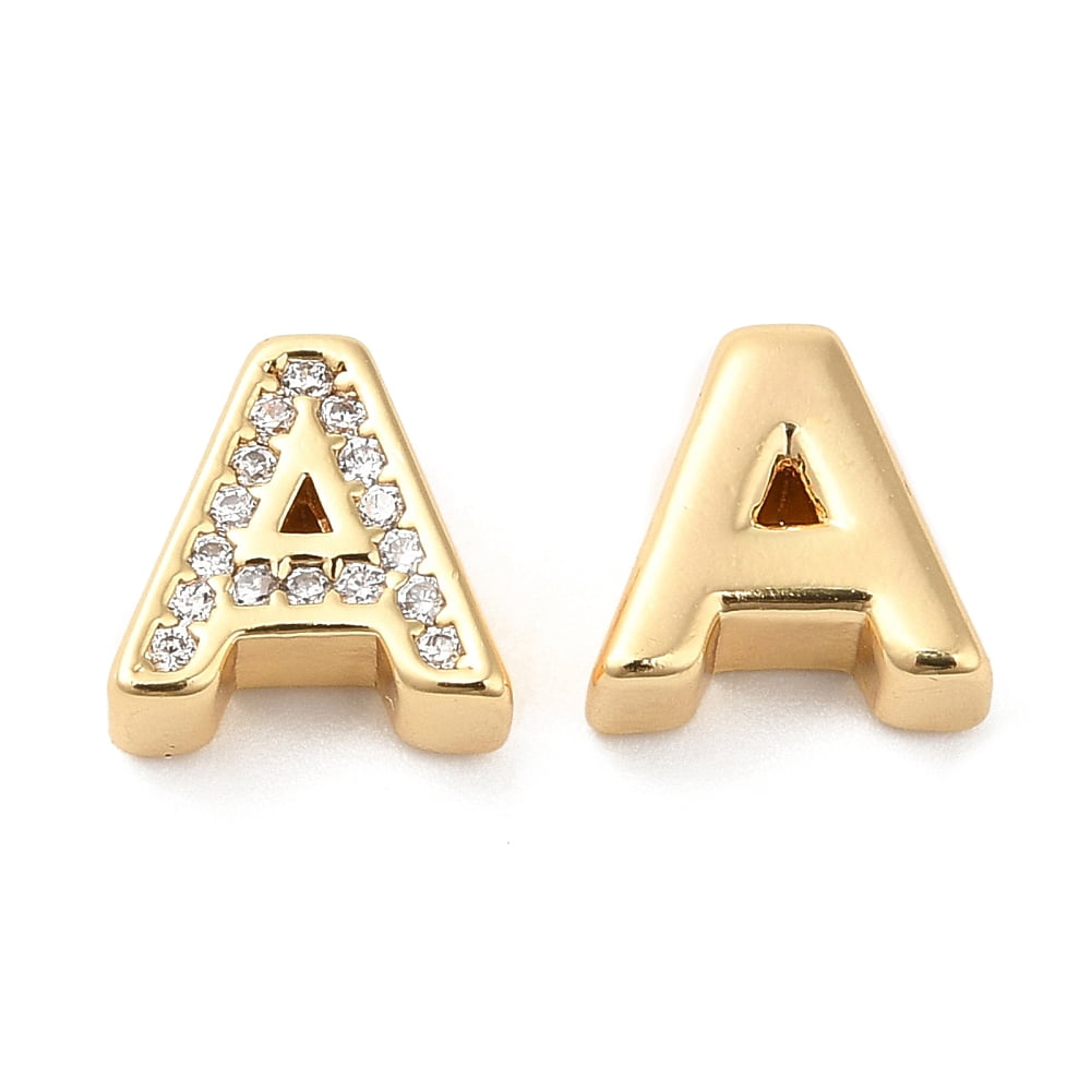 20pc Brass Micro Pave Cubic Zirconia Beads Real 18K Gold Plated Letter A 8x8x3.5mm Hole: 1.2mm