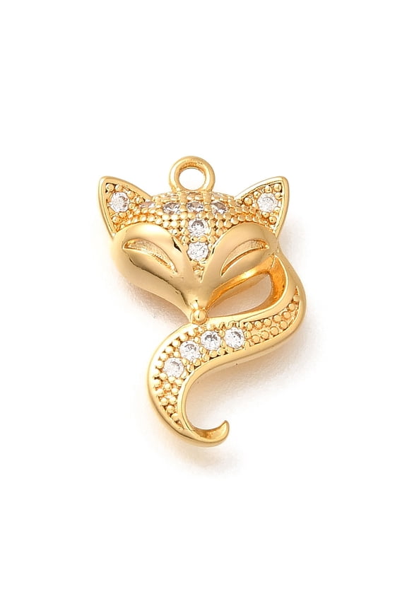 20pc Brass Micro Pave Cubic Zirconia Pendants Fox Charms Real 18K Gold Plated 17.5x11x3mm Hole: 1.4mmDIY