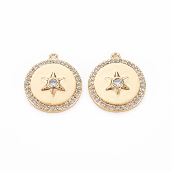 20pc Brass Micro Pave Cubic Zirconia Pendants Nickel Free Flat Round with Hexagram Clear Real 18K Gold Plated 19x17x3mm Hole: 1.2mm