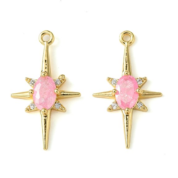20pc Brass Micro Pave Cubic Zirconia Pendants Real 18K Gold Plated Star Pink 21x12x3.5mm Hole: 1.2mm