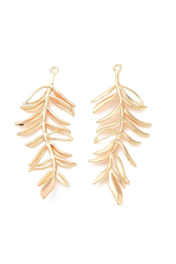 20pc Brass Pendants Leafy Branch Charms Real 18K Gold Plated 39x15x2mm Hole: 1mm