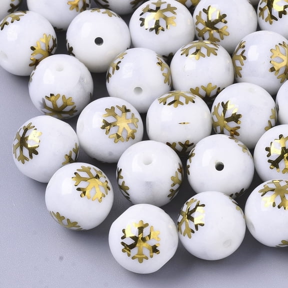20pc Christmas Opaque Glass Beads Round with Electroplate Snowflake Pattern Golden Plated 10mm Hole: 1.2mm