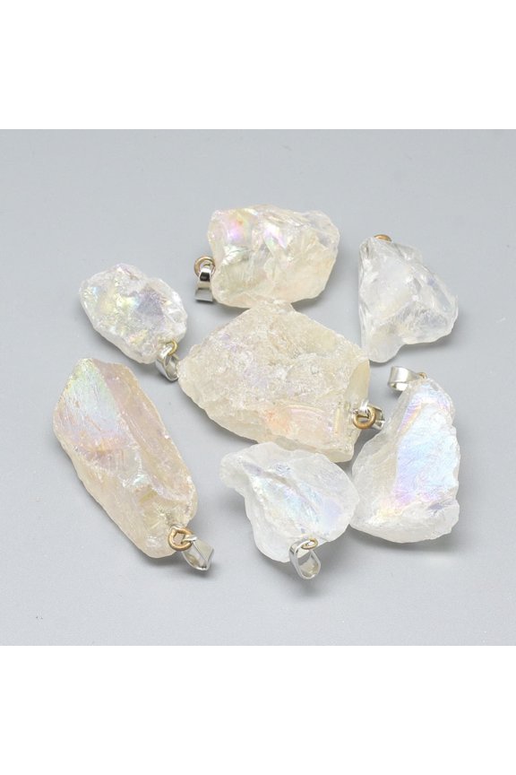 20pc Electroplate Rough Raw Natural Quartz Crystal Pendants with Iron Bails Nuggets Platinum Clear 25~48x17~28x10~24mm Hole: 6x3mm