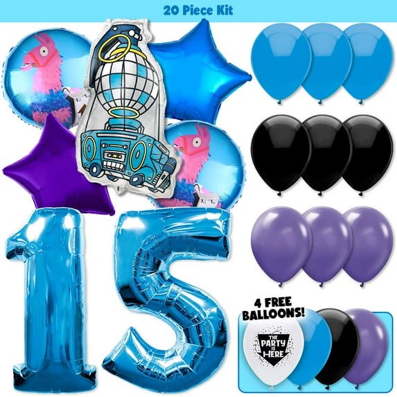 20pc Fort Game Battle Bus Balloon Kit with 42" Blue Balloon Number 15 - Kids Video Game Birthday Party Decoration Supplies