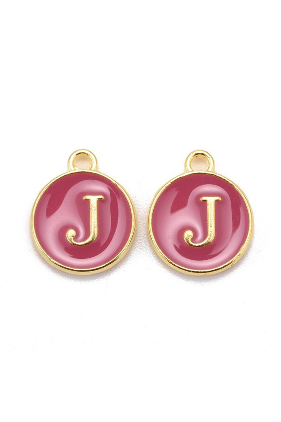 20pc Goldenen Plated Alloy Enamel Charms Cadmium Free & Lead Free Enamelled Sequins Flat Round with Letter Camellia Letter.J 14x12x2mm Hole: 1.5mm