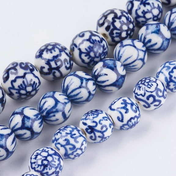 20pc Handmade Blue and White Porcelain Beads Mixed Patterns Round Medium Blue 11~14.5x10~11mm Hole: 2~3mm