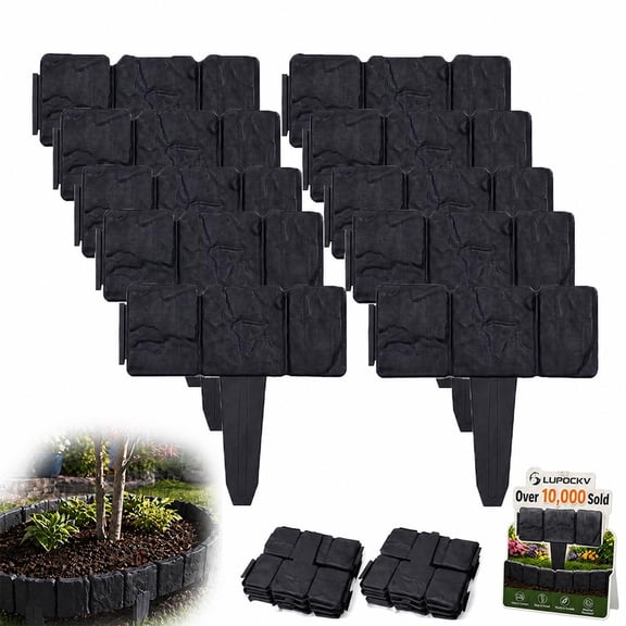 20pc Imitation Stone Garden Fence, Black Plastic Landscape Edging Border, Interlocking No-Dig Retaining Fence with Stakes for Yard, Patio, Flower Bed, Outdoor Decorative Lawn Fencing