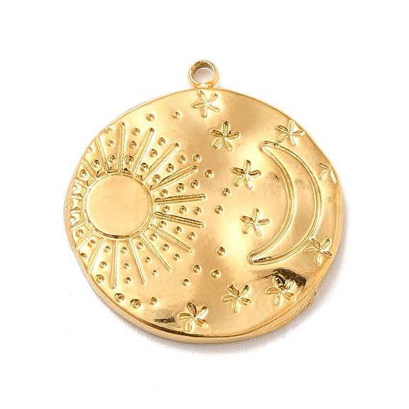 20pc Ion Plating(IP) 304 Stainless Steel Pendants Flat Round with Moon & Sun Real 18K Gold Plated 22x21x2.5mm Hole: 1.6mm