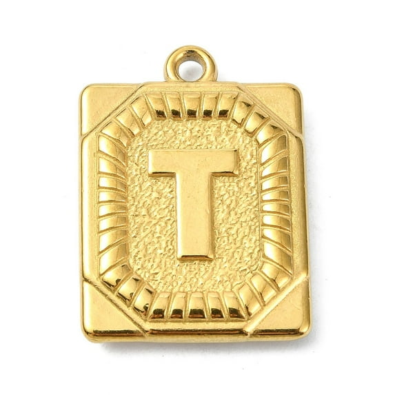20pc Ion Plating(IP) 304 Stainless Steel Pendants Rectangle with Letter Charm Real 18K Gold Plated Letter T 24.5x18x3mm Hole: 1.8mm