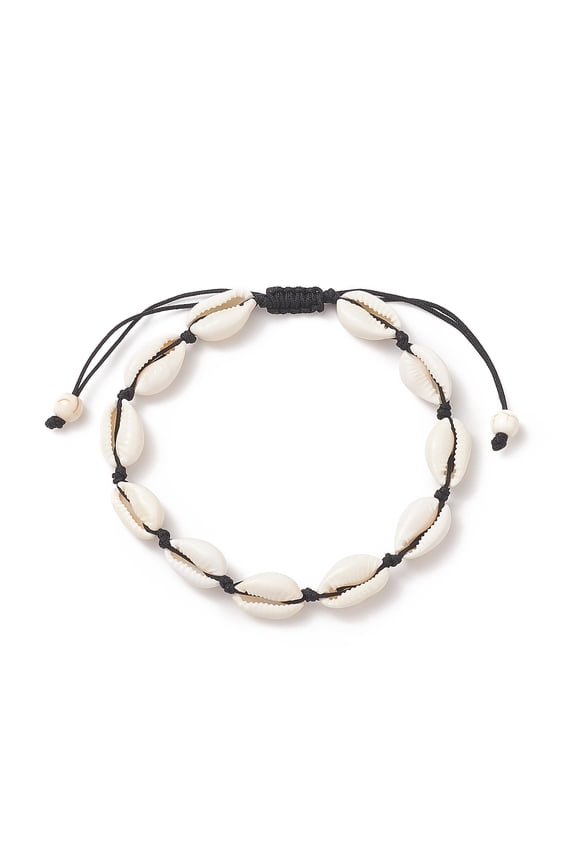 20pc Natural Cowrie Shell Beaded Anklets Black Inner Diameter: 2-1/4~3-1/2 inch(5.85~8.8cm)