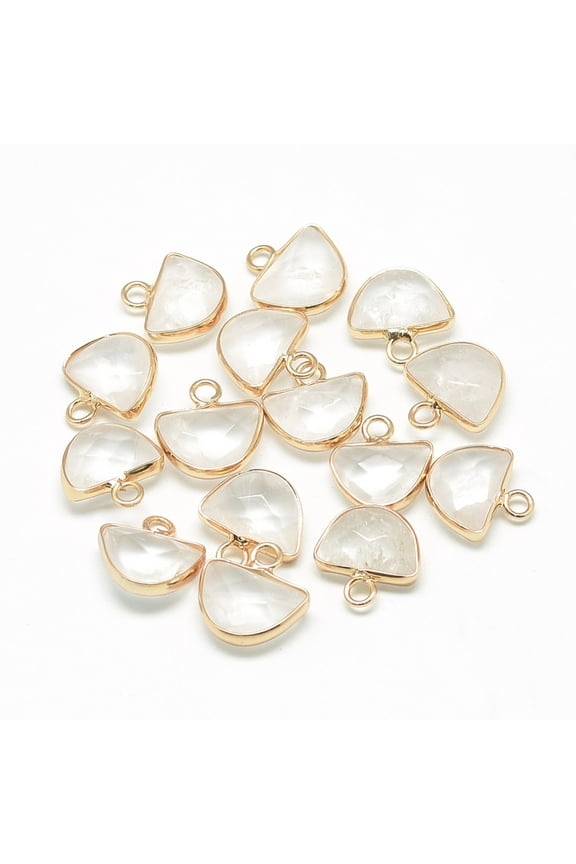 20pc Natural Quartz Crystal Semi Circle Pendants Rock Crystal with Brass Findings Faceted Half Round Golden Clear 13.5~14.5x13~14x5.5mm Hole: 2mm