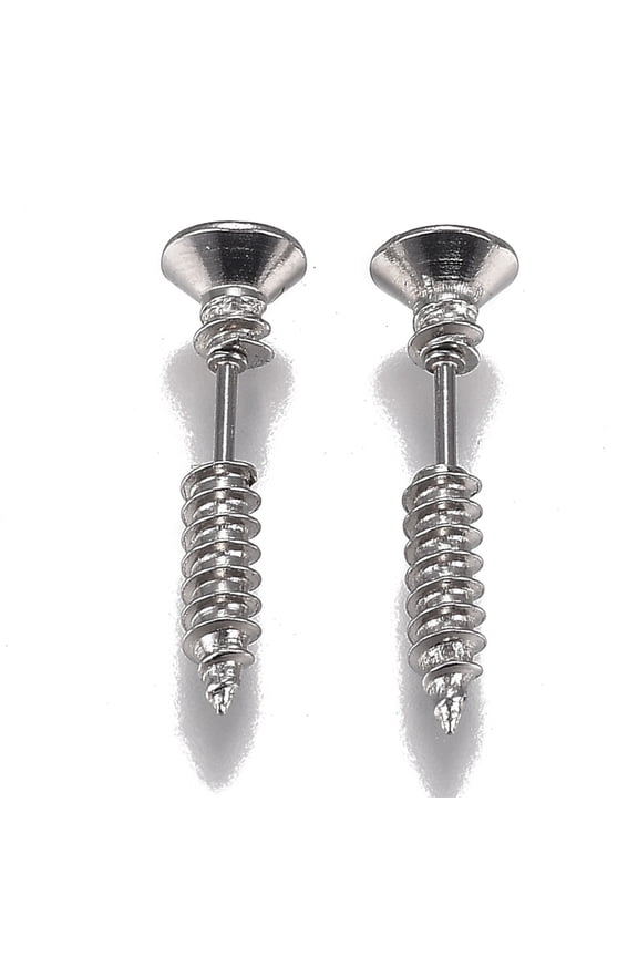 20pc PVD Vacuum Plating 304 Stainless Steel Unisex Punk Hip-hop Rock Nail Shape Screw Pierced Stud Earrings Light Grey 25.5x7mm Pin: 1mm