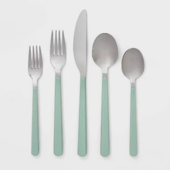 20pc Plastic Handle Flatware Set Mint: Stainless Steel Silverware Set, Service for 4, Forks Spoons Knives