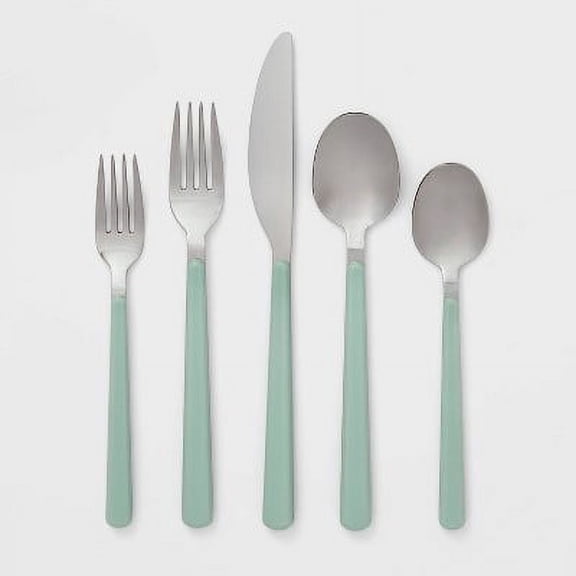 20pc Plastic Handle Flatware Set Mint - Stainless Steel Silverware Set, Service for 4, Forks Spoons Knives