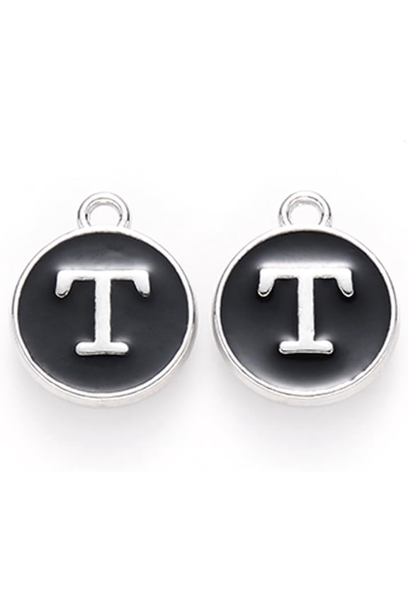 20pc Platinum Plated Alloy Charms Cadmium Free & Lead Free with Enamel Enamelled Sequins Flat Round with Letter.T 14x12x2mm Hole: 1.5mm