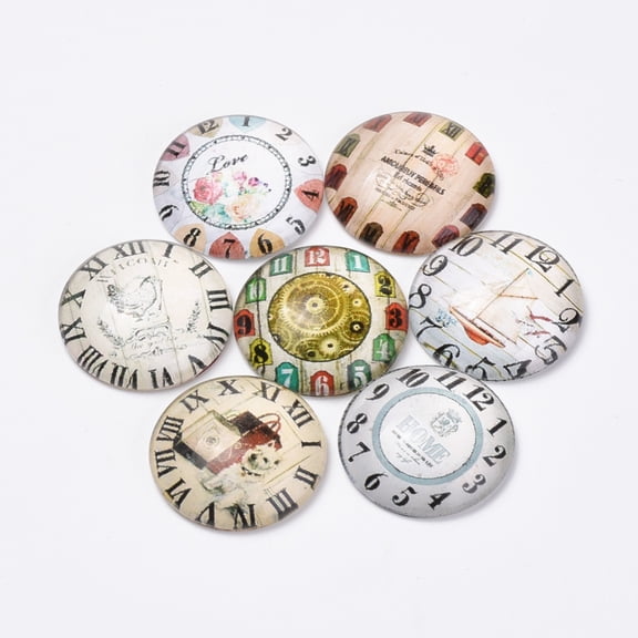 20pc Printed Glass Flat Back Cabochons Dome/Half Round Clock Pattern Mixed Color 25x6mm DIY