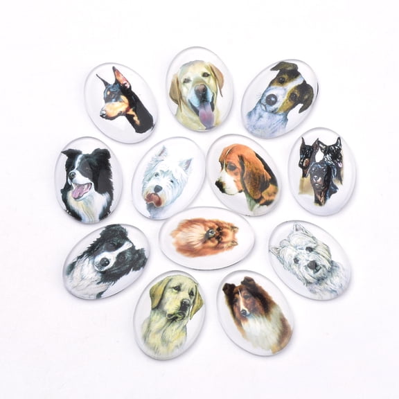 20pc Puppy Photo Flatback Glass Cabochons for DIY Projects Dog Shape Oval Mixed Color 25x18x5.5mm