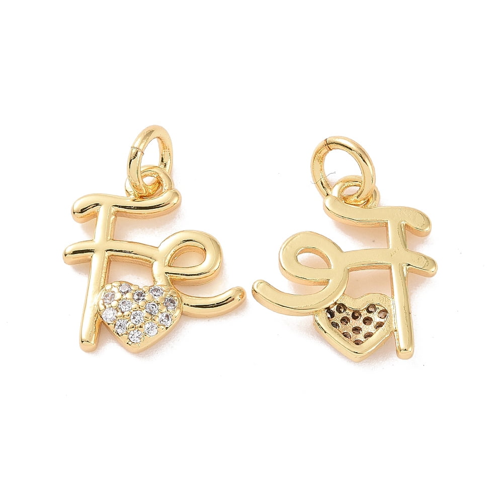 20pc Rack Plating Brass Micro Pave Clear Cubic Zirconia Charms Cadmium Free & Lead Free Word FE with Heart 13.5x13x2.5mm Jump Ring: 5x1mm