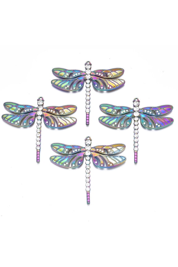 20pc Rack Plating Rainbow Color Alloy Big Pendants with Crystal Rhinestone Cadmium Free & Nickel Free & Lead Free Dragonfly 64.5x70x5mm Hole: 1.8mm