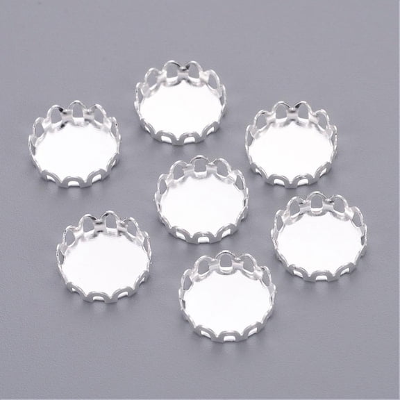 20pc Silver Color Plated Brass Blank Base Flat Round Lace Edge Bezel Cups Cabochon Settings Cadmium Free & Lead Free Tray: 10mm