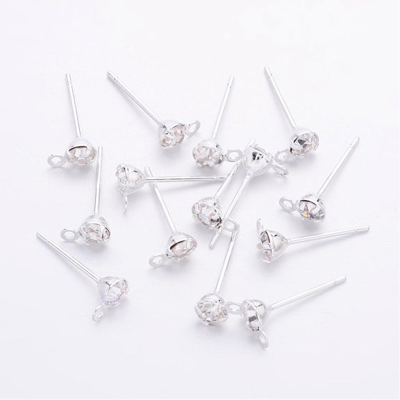 20pc Silver Color Plated Brass Post Earring Findings with Loop and Rhinestone Silver Color Plated 15x4x0.8mm Hole: 0.5mm Mixed Color