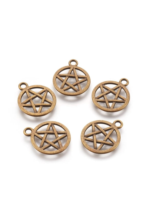 20pc Tibetan Style Alloy Flat Round with Star Lead Free & Nickel Free Bronze Pendants Pendants Pentacle 20.5x16.9x1.7mm Hole: 2.2mm