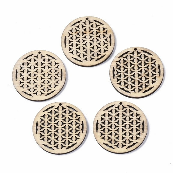 20pc Undyed Natural Wooden Pendant Spiritual Charms Laser Cut Shapes Flower of Life/Sacred Geometry White 32x2.5mm Hole: 1.2mm