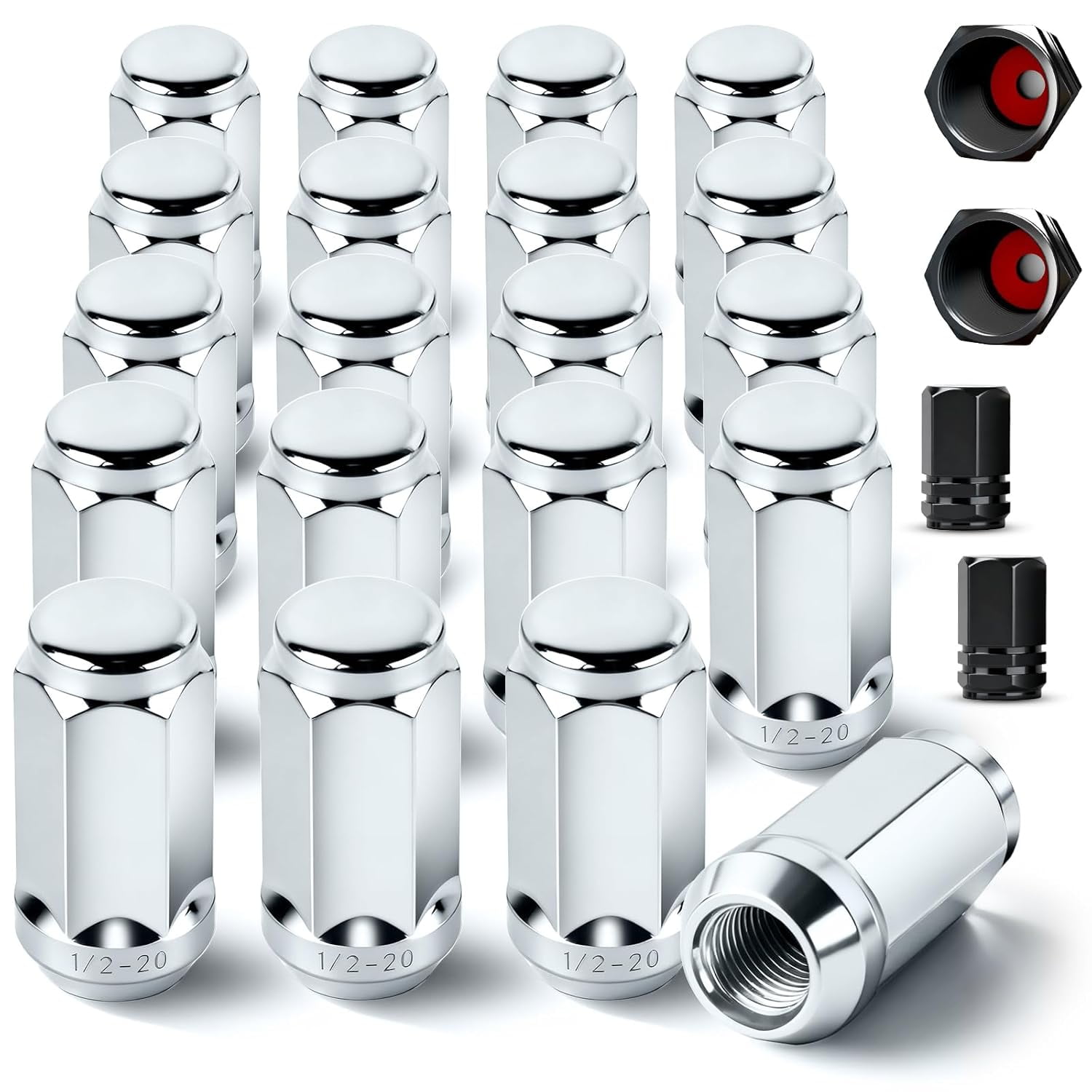 20pcs 1/2"-20 Closed End Lug Nuts with 4pcs Tire Valve Stem Caps, 3/4" 19mm Hex, 1.9"x0.87" Replacement for Bronco, F150, Explorer, Explorer Sport Trac, Mustang, Cherokee, Wrangler, Grand Cherokee
