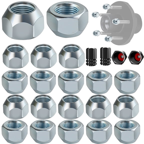 20pcs 1/2"-20 Trailer Lug Nuts with 4pcs Tire Valve Stem Caps, Zinc Plated 509 Tire Lugs Wheel Nuts Open End Acorn Lug Nuts for 1/2" Wheel Lug Studs Boat Trailer Tires RV Truck Tire