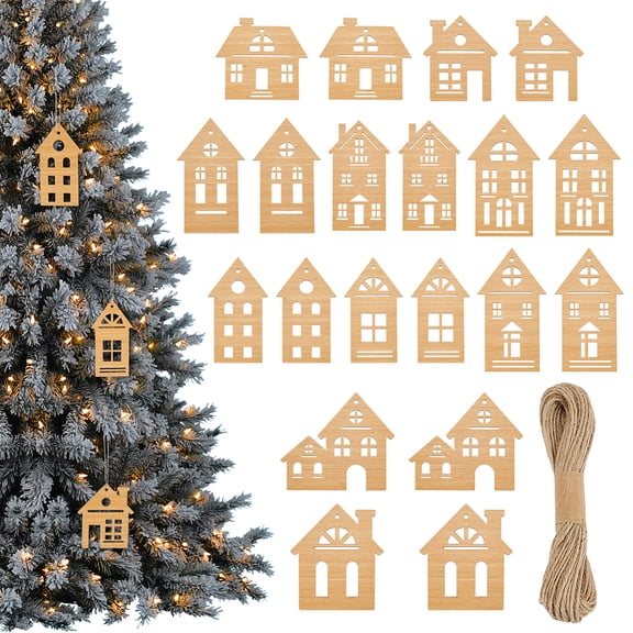 20pcs 10 Styles Christmas Wooden House Dectors Wood House for Crafts Christmas Tree Hanging Ornaments Cutout House Hangings 4-6.7 Inch