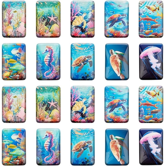 20pcs 10 Styles Ocean Theme Rectangle Glass Cabochons Flat Back Dome Cabochons Ocean Mosaic Printed Tiles