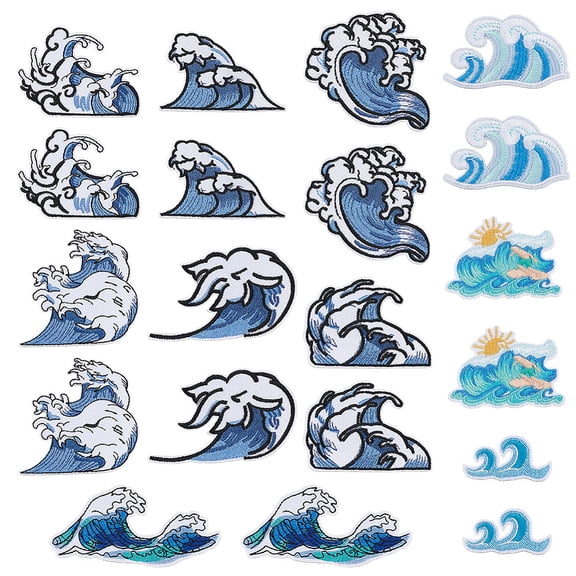20pcs 10 Styles Sea Wave Iron on Patches Beach Summer Ocean Patch Embroidered Sea Wave Patches Decoration Sew On Patche Applique
