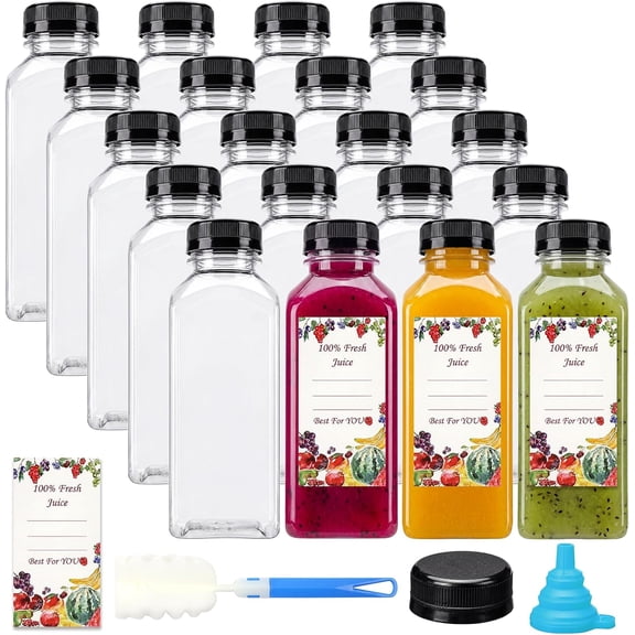 20pcs 12oz Plastic Juice Bottles with Caps, Reusable Juicing Bottles, Clear Drink Containers with Lids for Juicing, Smoothie and Other Beverages