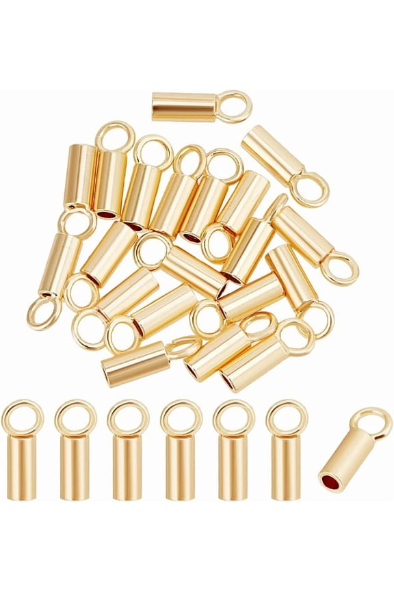 20pcs 14k Gold Plated Filled Crimp End Cap Brass Cord Ends Gold Jewelry Findings Barrel Closed Ring Loop for 1mm (0.04 Inch) Thread Jewelry Making Beading Cord Wire Leather Tassels for DIY