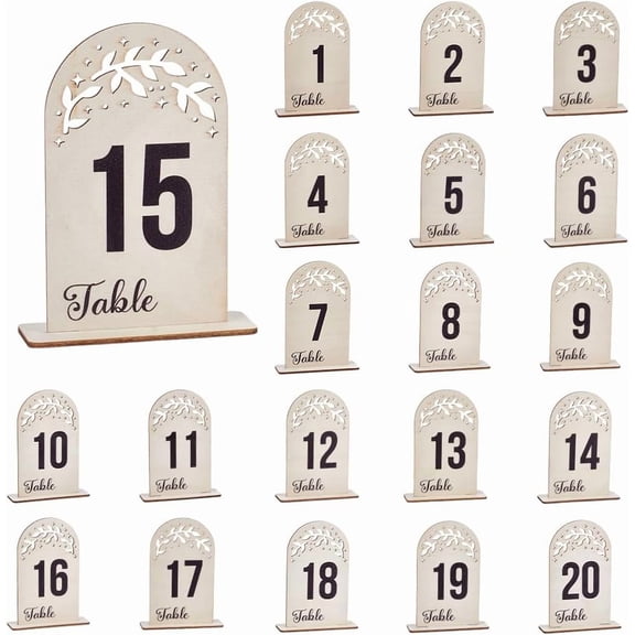 20pcs 15.2x11.3x3.7cm Wedding Table Numbers Wooden Tables Plate Display Decoration Wheat Colors Arch Number 1-20 Table Plate with Wood Base for Wedding Restaurant Birthday Party diy
