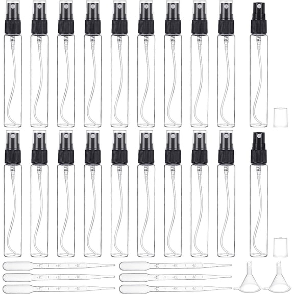 20pcs 15ml Travel Perfume Atomizer Refillable Bottle Glass Spray Bottle with 6pcs 3ml Disposable Plastic Dropper and 2pcs Plastic Funnel Hopper for Essential Oils PerfumeBlack
