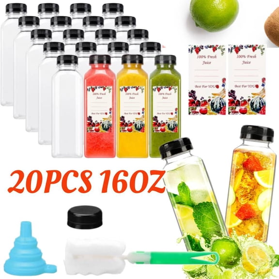 20pcs 16oz Plastic Juice Bottles, Reusable Juice Containers with Black Tamper Proof Lids, Brush, Funnel and Labels, Clear Juice Containers for Juicing, Smoothie and Homemade Beverages