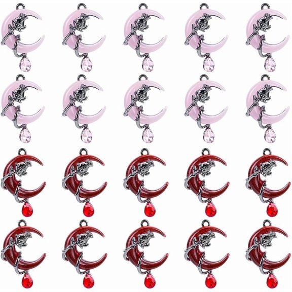 20pcs 2 Colors Moon Charms Moon Teardrop Rose Charms Red Pink Rhinestone Pendants Gunmetal Metal Rose Flower Pendants for DIY Earrings Necklaces Bracelets Gothic Jewelry 1.3 inch diy