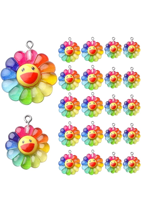 20pcs 2 Sizes Sunflower Charm Pendants,Resin Rainbow Flower Charms Face Charm Sunflower Cabochons Epoxy Charms for DIY Jewelry Necklace Crafts Making