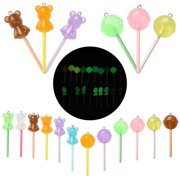 20pcs 2 styles Luminous Translucent Resin Big Pendants with Platinum Tone Iron Loops Plastic Glow in the Dark Lollipops Charms Mixed color 64~69x17~21.5x15~21.5mm Hole: 1.8mm 10pcs/style