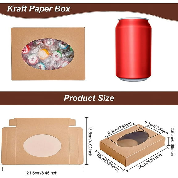 20pcs 20 Packs 14x10x2.5cm Oval Clear PVC Window Gift boxes Rectangle Brown Kraft Present Packing boxes for Handmade Soap Party and Wedding Gift