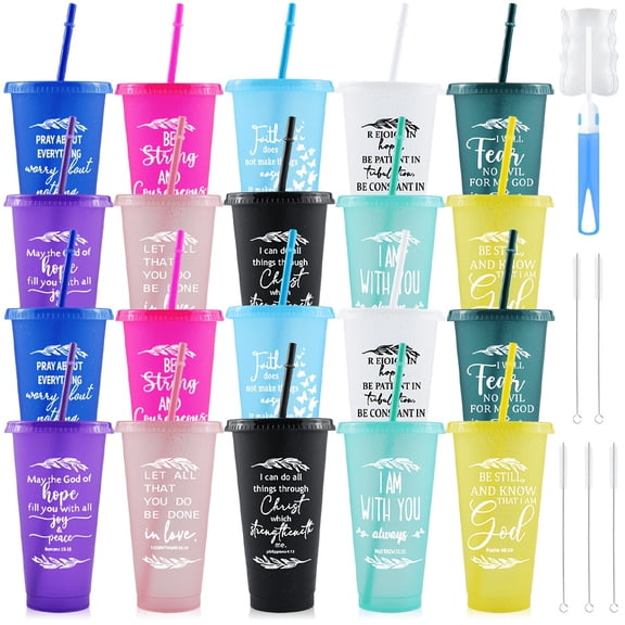 20pcs 24oz PP Water Cups with Bible Verse Patterns. Reusable, durable and easy to clean, equipped with lids and straws. These cups are essential for prayer events