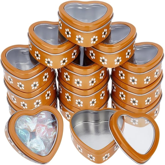 20pcs 2oz Heart Shaped Metal Tins with Clear Window Lids Flower Design Metal Tin Cans Empty Candy Tins Storage Box Container