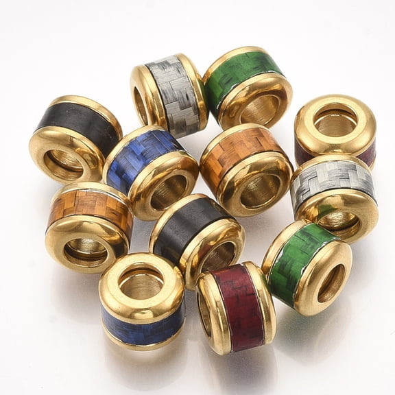 20pcs 304 Stainless Steel European Beads with Fiber Large Hole Beads Column with Basket Weave Pattern Golden Mixed color 10x8mm Hole: 5mm